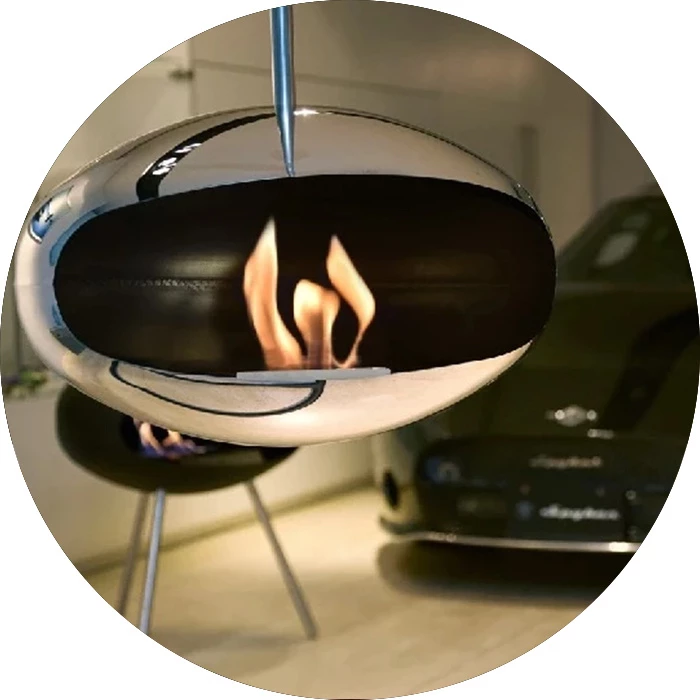 Round shaped photo of a stainless steal suspended bioethanol fireplace