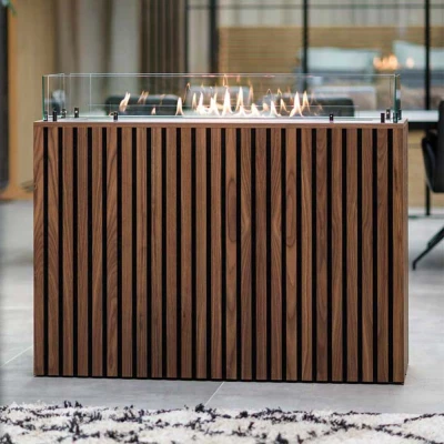 Foco Free 1000 – a sleek, 4-sided bioethanol fireplace with tempered glass panels and customisable burner options.