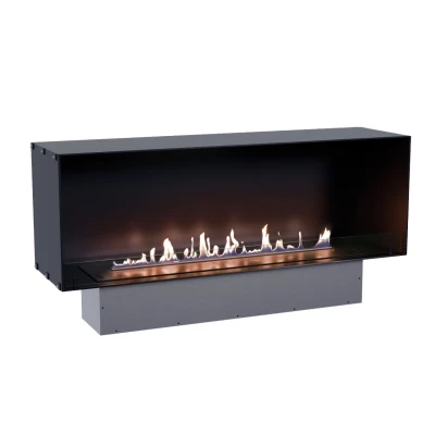 Foco One 1500 media wall built-in bio fireplace with black frame and safety glass.