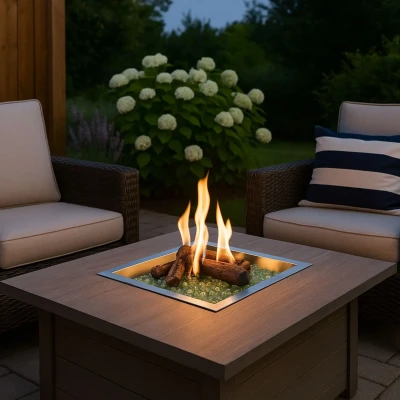 Built-in gas burner in stainless steel – perfect for outdoor DIY projects. Built-in gas burner 40 cm in stainless steel for outdoor DIY fireplace.