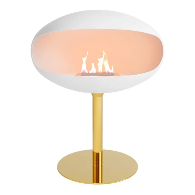 Pedestal bioethanol fireplace in white with brass base