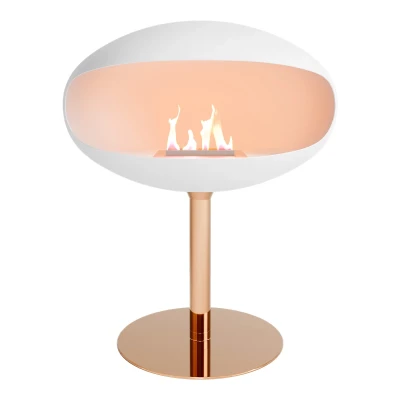 Pedestal bioethanol fireplace in white with copper base