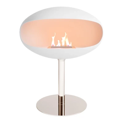 Pedestal bioethanol fireplace in white with steel base